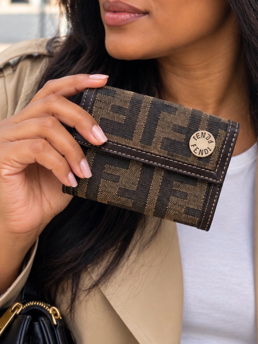 Fendi Brown FF Jacquard Compact Model with Leather Trim